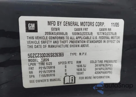 2006 Saturn Vue 4 Cyl z USA, uszkodzony, nr VIN 5GZCZ33D26S839369